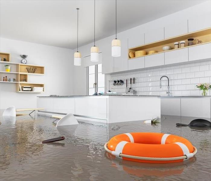 lifebuoy floating in flooded kitchen